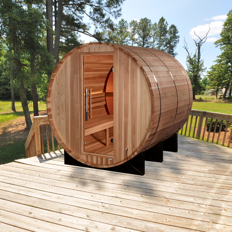 Golden Designs "Zurich" 4 Person Barrel with Bronze Privacy View - Traditional Sauna - Pacific Cedar