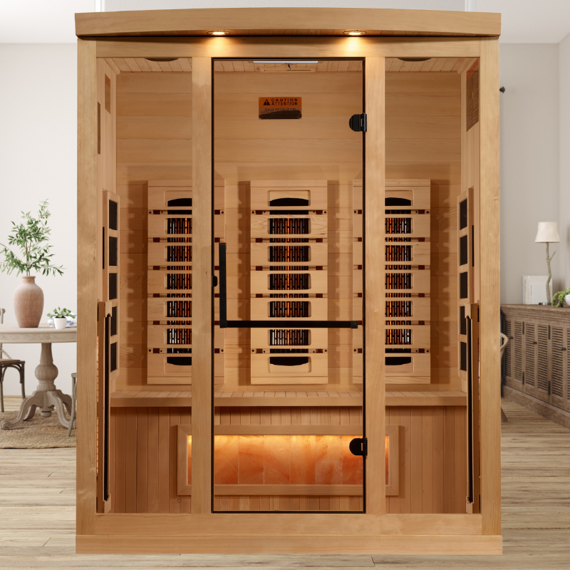 Golden Designs 3-Person Full Spectrum PureTech™ Near Zero EMF FAR Infrared Sauna with Himalayan Salt Bar (Canadian Hemlock)