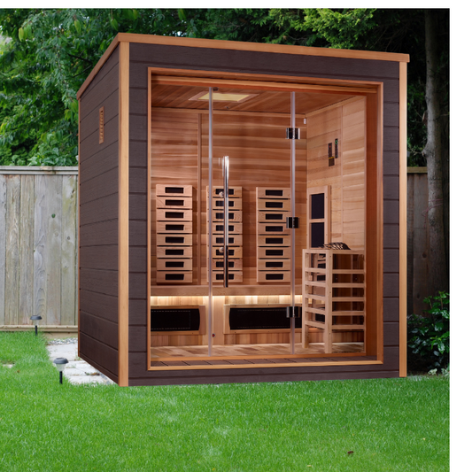 Golden Designs Visby 3 Person Hybrid (PureTech™ Full Spectrum IR or Traditional Stove) Outdoor Sauna - Canadian Red Cedar Interior